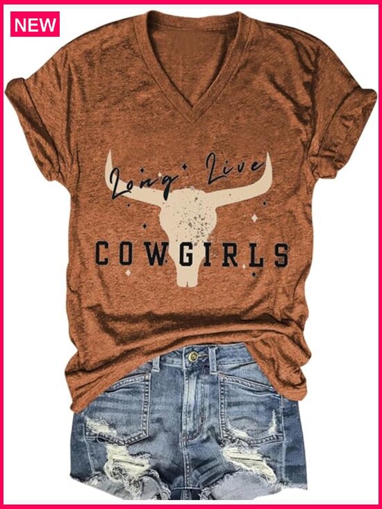 Tops - Vintage Western V-Neck T-Shirt, Short Sleeve, Loose Fit, Cotton Blend